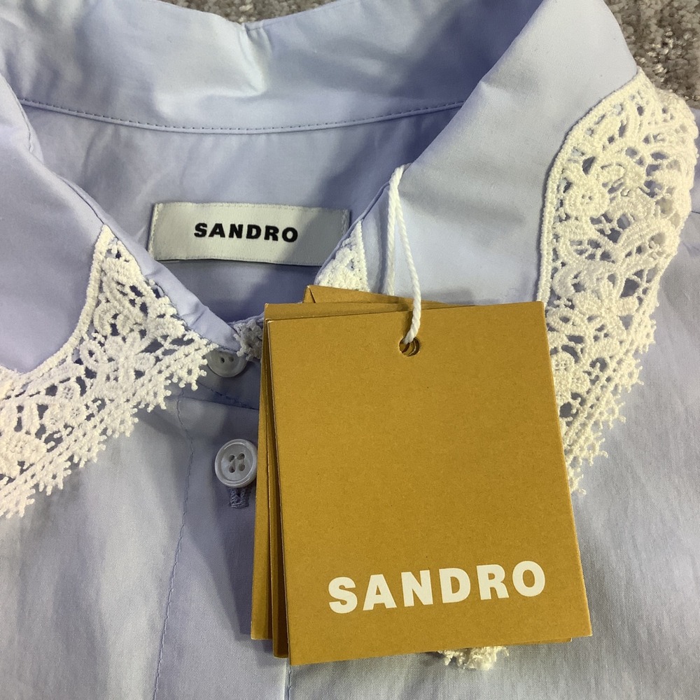 Sandro Gaia Light Blue Lace Trim Cropped Cotton Button Down Shirt Size 40 2 NWT - Picture 4 of 14